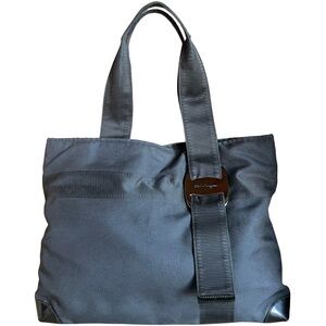 Salvatore Ferragamo Black Canvas Patent Tote Bag Ribbon detail gunmetal silver